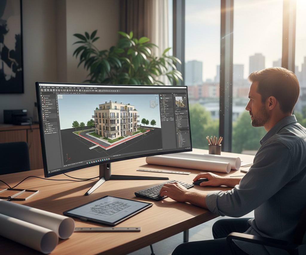 Architect reviewing photorealistic 3D building renderings using 3ds Max in a modern office