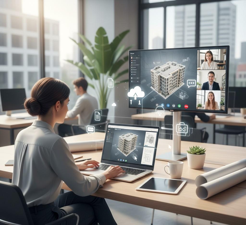 Architect working on a laptop with cloud-based design files open, icons of cloud syncing in background, collaborative workspace.
