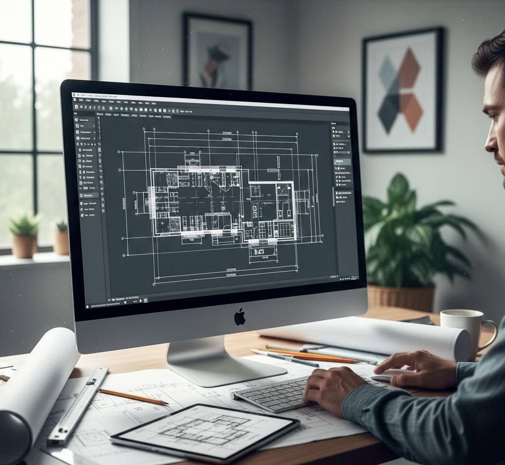 Architect creating precise 2D floor plans using AutoCAD on a computer in a modern office