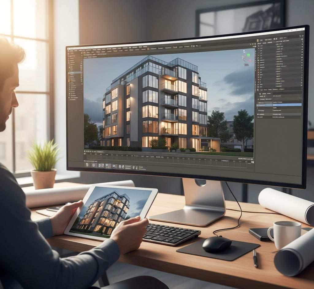 Architect designing a 3D building model using Autodesk Revit on a large monitor in a modern office
