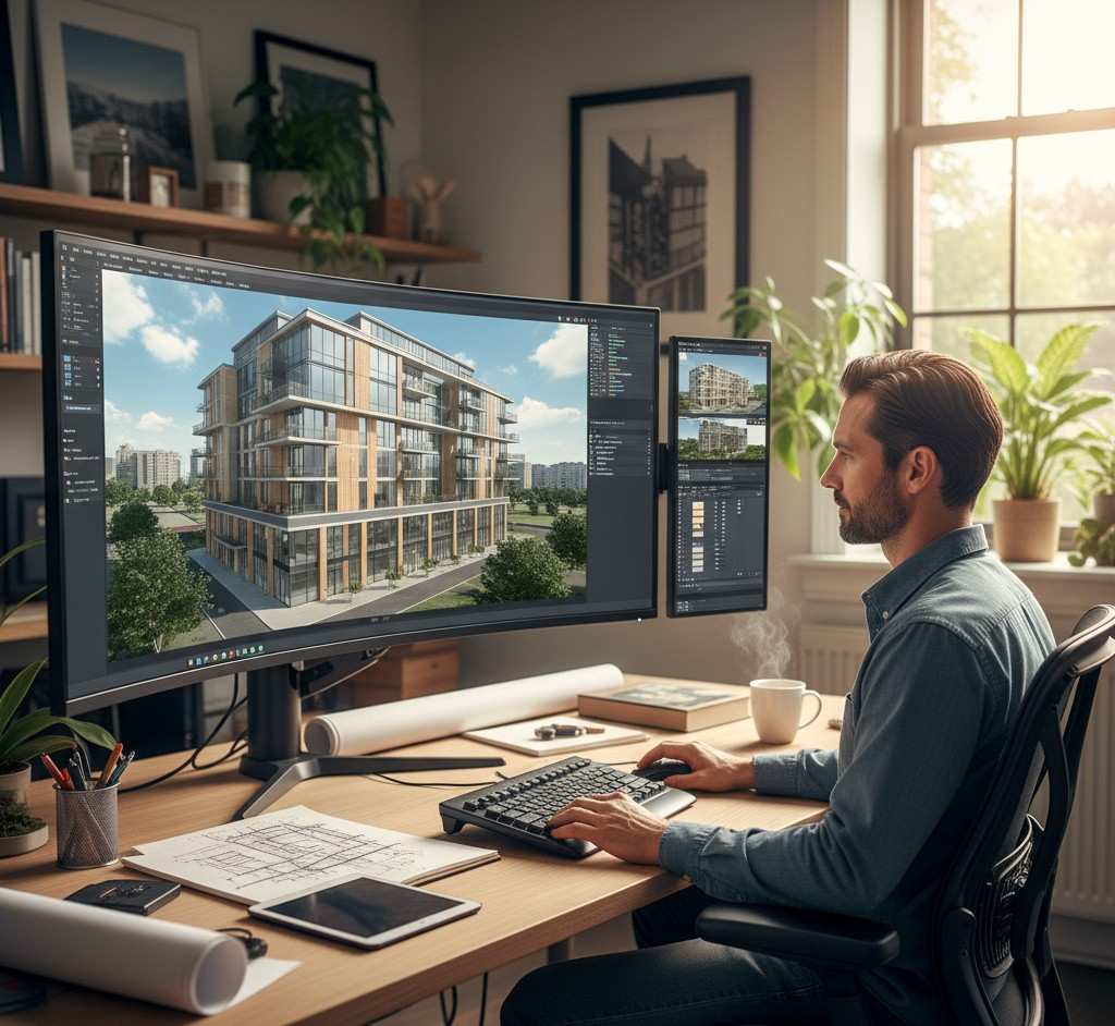 Digital Tools for Architects: Architect working on a large monitor displaying a detailed 3D building model in BIM software, modern office environment
