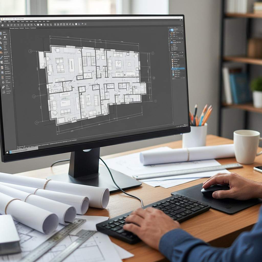 Close-up of a CAD software interface showing detailed floor plans, architect’s desk with blueprints and measuring scale