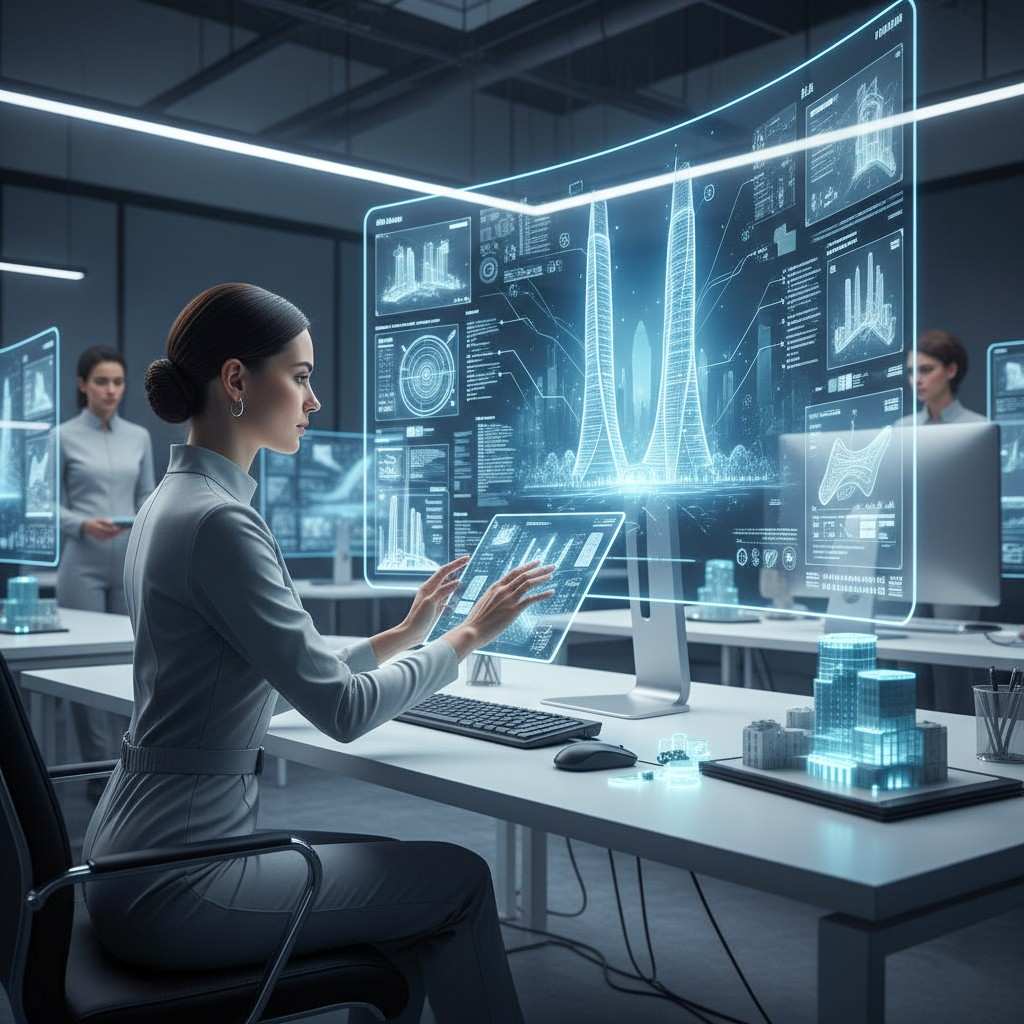Futuristic workstation with AI-generated building layouts displayed on screen, architect reviewing data on a tablet