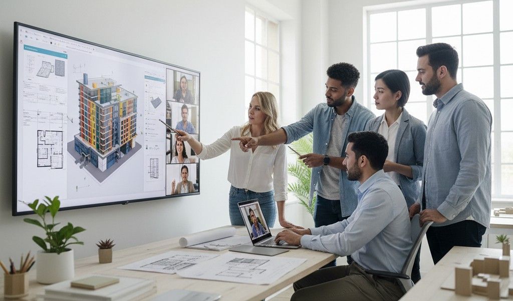 Architectural team collaborating in a bright office, digital building plans displayed on large screen, remote team on video call