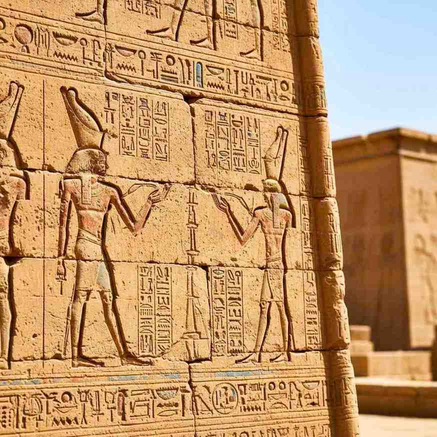 Close-up of Egyptian hieroglyphs and relief carvings on temple walls