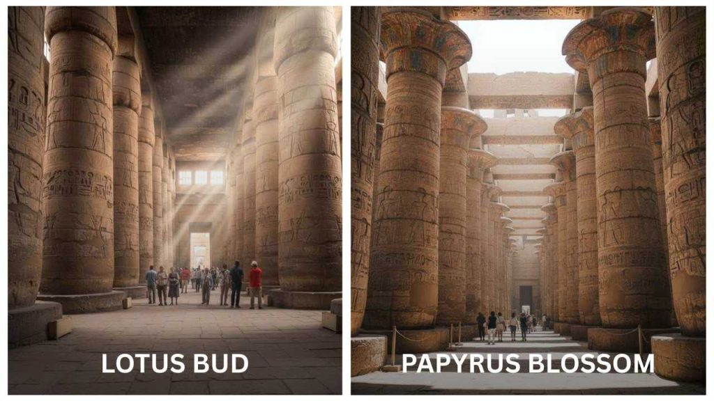 Collage of Egyptian columns and hieroglyph carvings showing architectural details