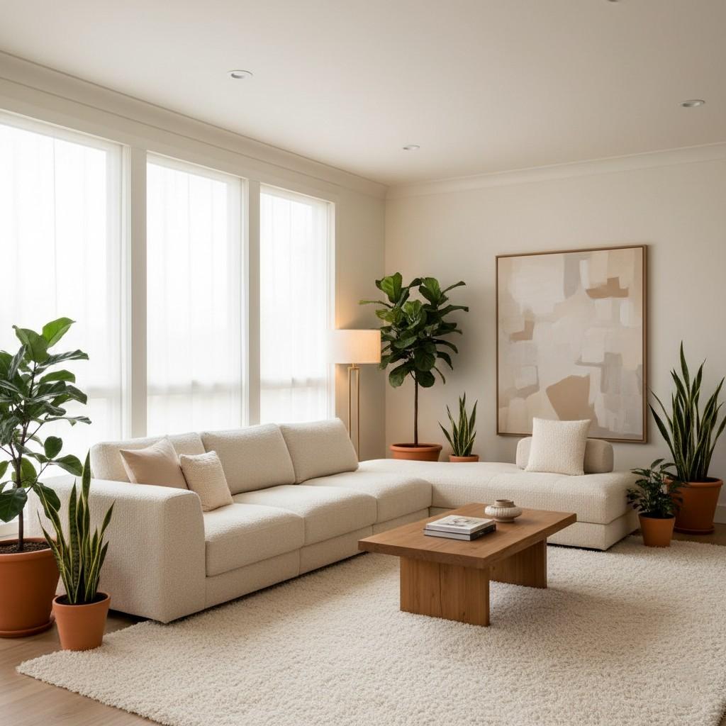 Minimalist Living with neutral color palette, clean lines, and cozy textures