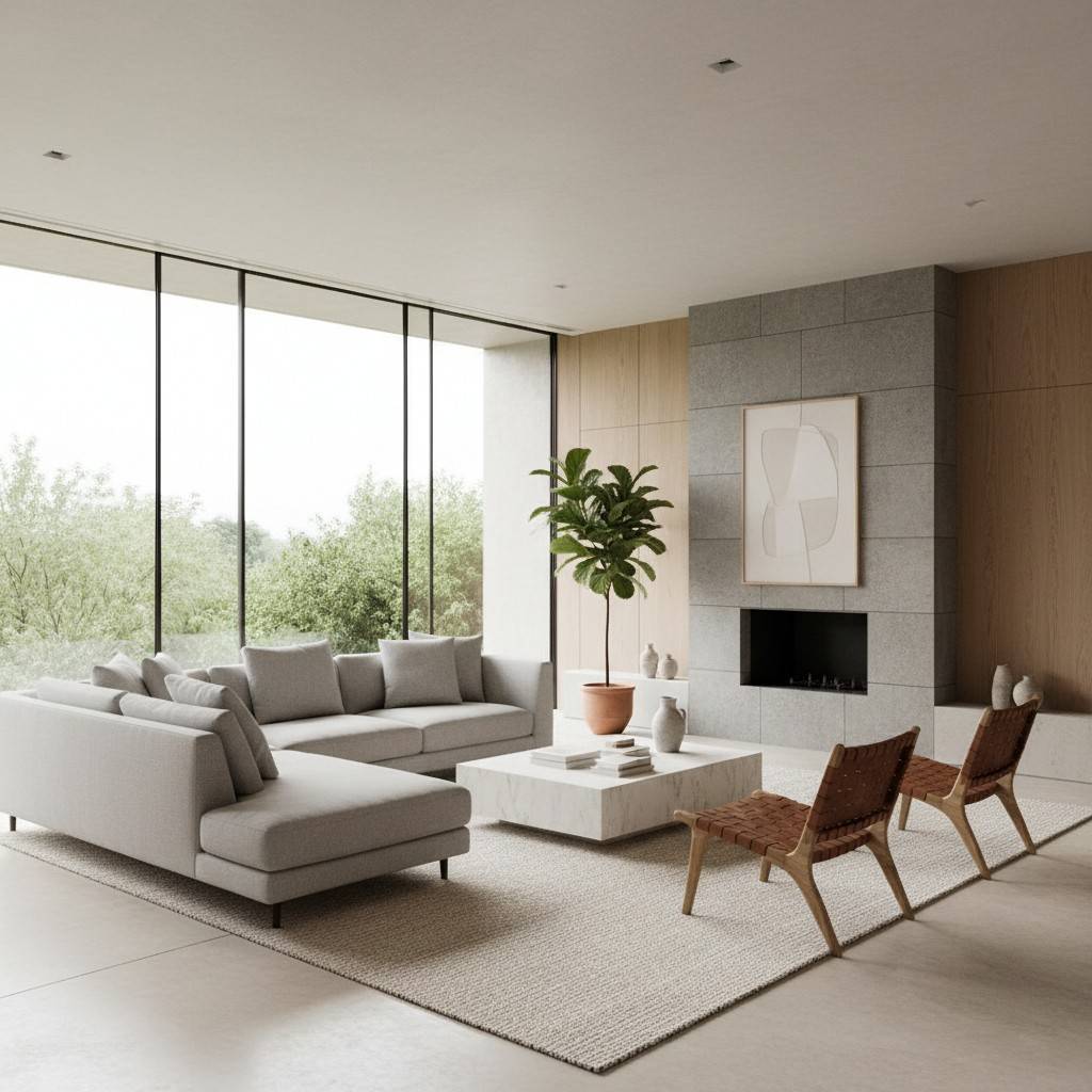 Minimalist Architecture for Houses: Minimalist living room with open-plan layout, neutral colors, and natural light