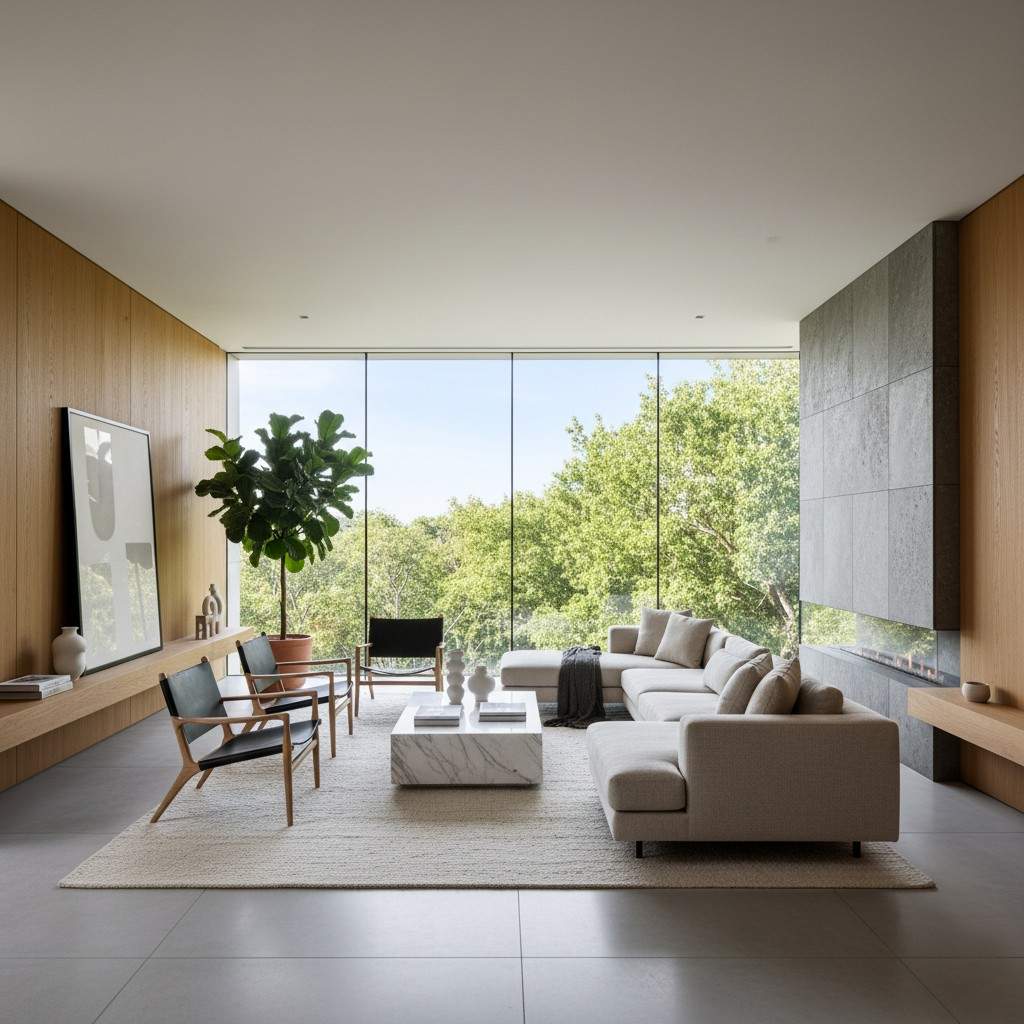 Cozy minimalist living room with textures, plants, and soft lighting to avoid cold spaces