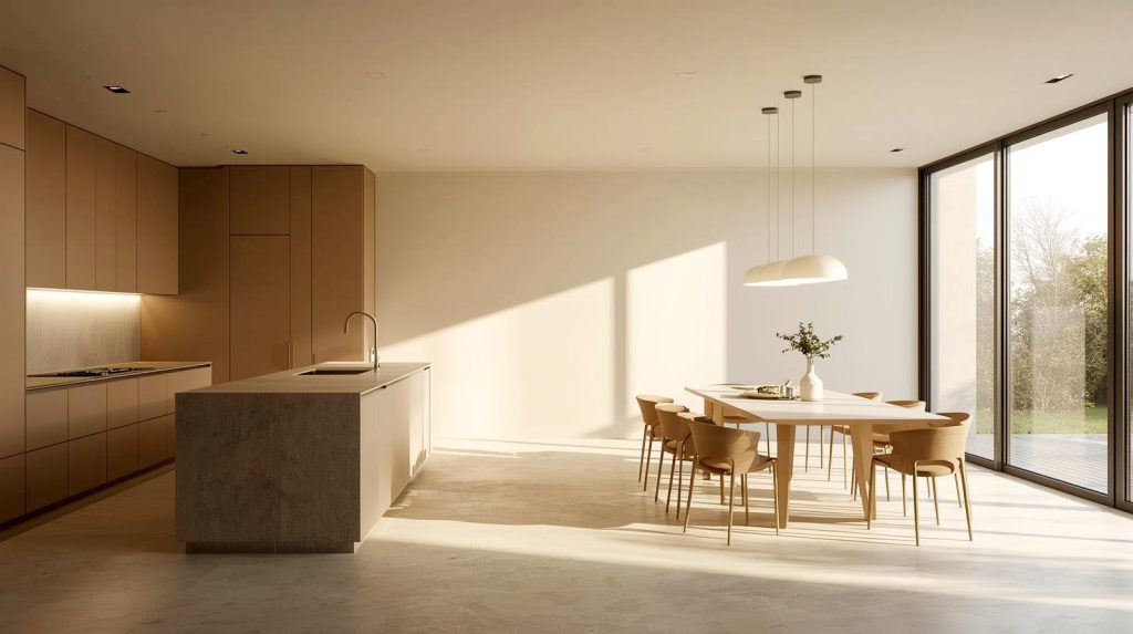 Open-plan minimalist kitchen and dining area with neutral tones and uncluttered design