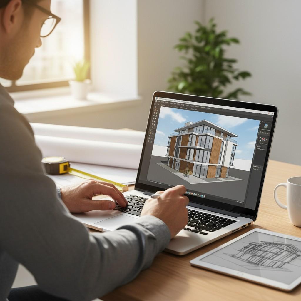 Architect working on a 3D building model using SketchUp on a laptop in a modern office