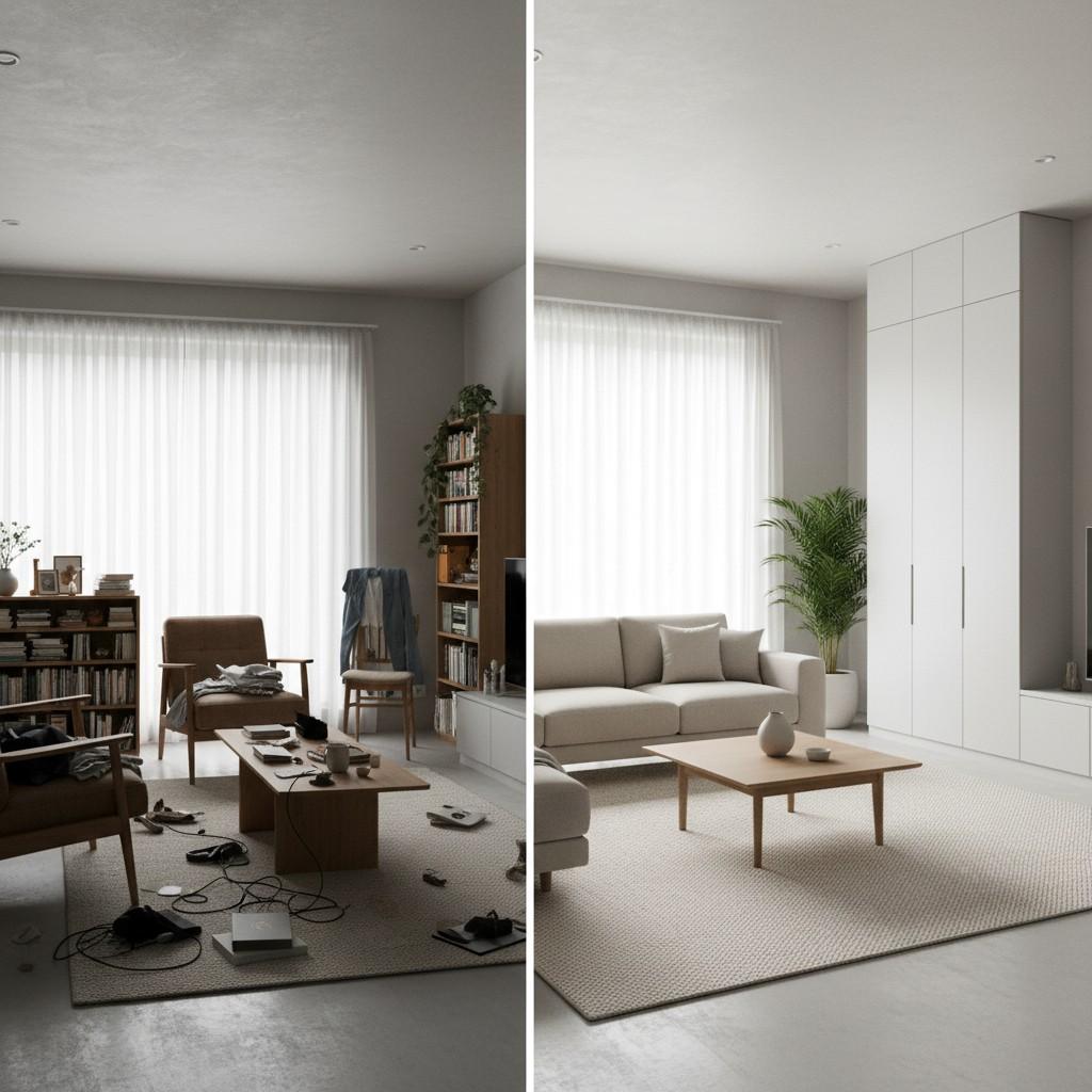 Before and after minimalist home transformation showing clean, open, and functional space