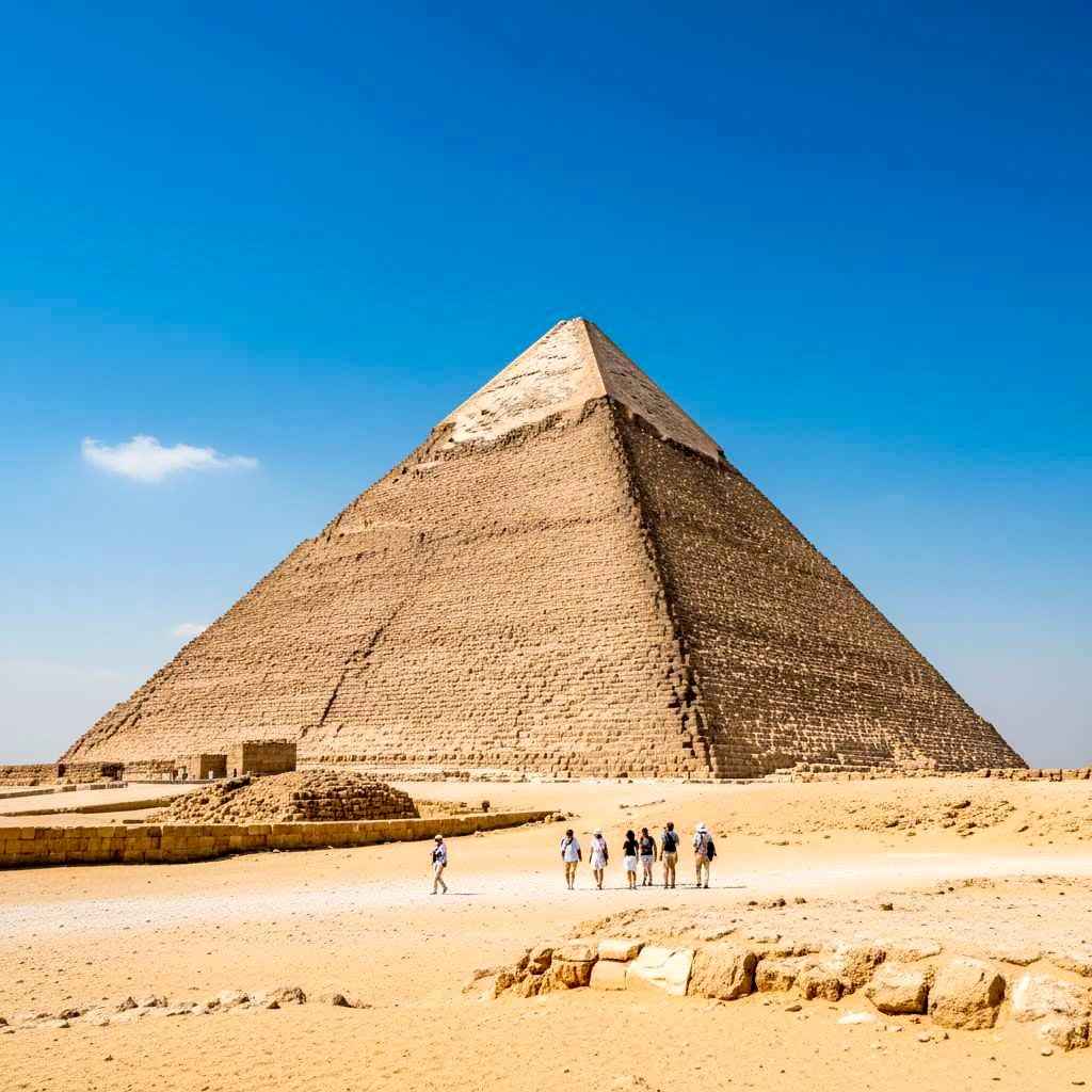 Ancient Egyptian Architecture, Great Pyramid of Giza in bright sunlight with desert foreground