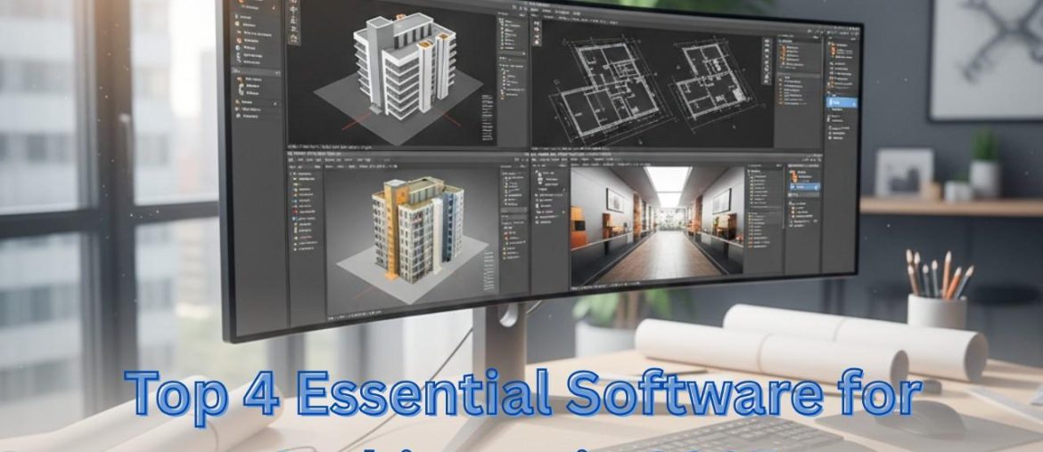 Top 4 Essential Software for Architects in 2025: Architect workspace displaying Autodesk Revit, AutoCAD, SketchUp, and 3ds Max on a large monitor with digital sketches and blueprints