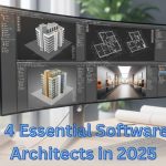 Top 4 Essential Software for Architects in 2025: Architect workspace displaying Autodesk Revit, AutoCAD, SketchUp, and 3ds Max on a large monitor with digital sketches and blueprints