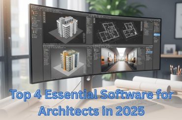 Top 4 Essential Software for Architects in 2025: Architect workspace displaying Autodesk Revit, AutoCAD, SketchUp, and 3ds Max on a large monitor with digital sketches and blueprints