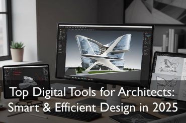 Digital Tools for Architects: Modern architect desk with computer displaying 3D building model, tablet sketches, and blueprints, bright and minimal office setup.