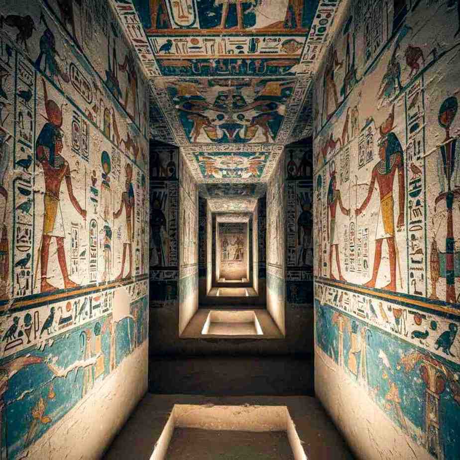 Interior of a rock-cut tomb in the Valley of the Kings with hieroglyphs