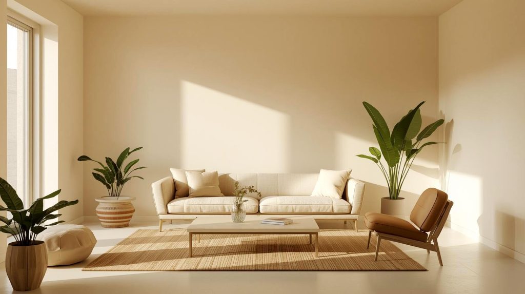 Cozy minimalist living room with textures, plants, and soft lighting to avoid cold spaces