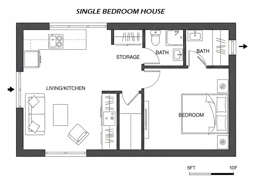 2D floor plan of a small house with one bedroom, open living area, kitchen, and compact bathroom, minimalist layout