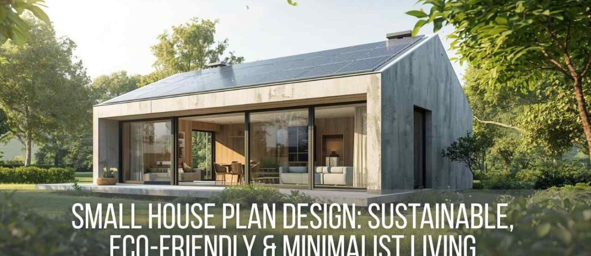 small house plan design; Modern eco-friendly small house with minimalist architecture and solar panels surrounded by greenery