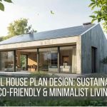 small house plan design; Modern eco-friendly small house with minimalist architecture and solar panels surrounded by greenery