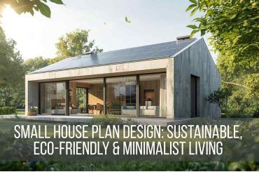 small house plan design; Modern eco-friendly small house with minimalist architecture and solar panels surrounded by greenery
