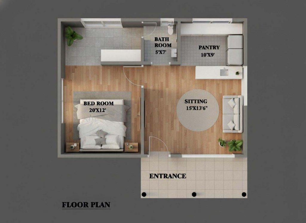 650 sq ft modern small house floor plan with open living area, compact kitchen, sliding glass doors, and wooden deck — minimalist Scandinavian layout with smart space planning - 3D floor plan