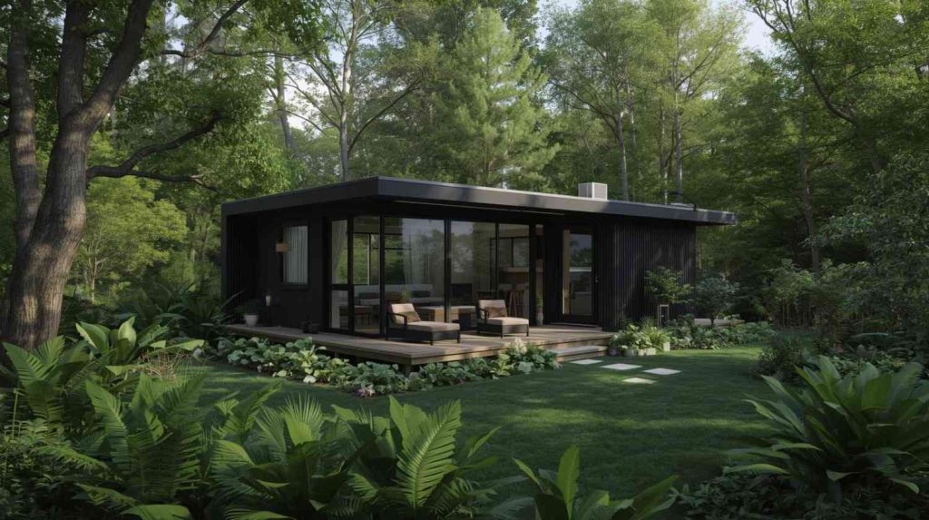 1-bedroom tiny home design featuring workspace, L-shaped kitchen, natural light living room, and eco-friendly layout with solar and rainwater system — clean modern interior.