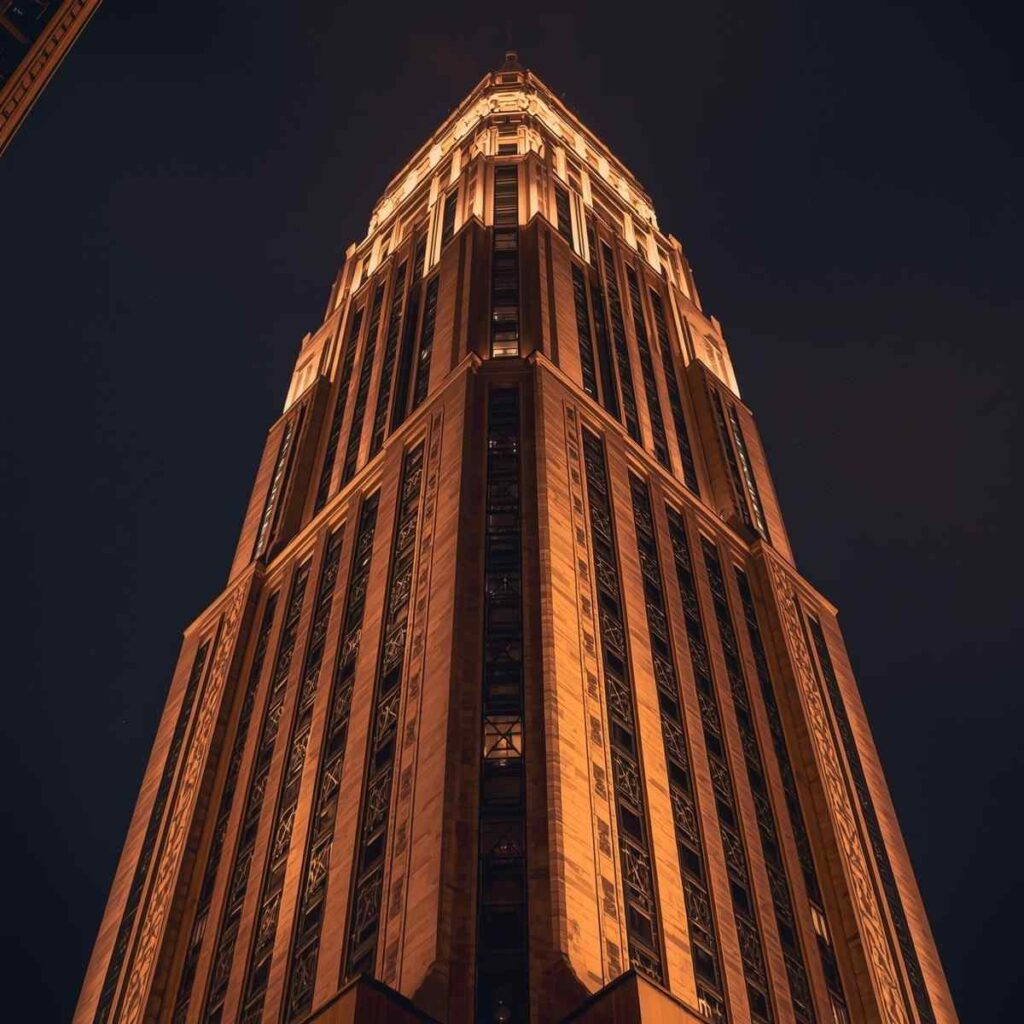 Art Deco building with geometric patterns, stepped shapes and bold vertical lines.