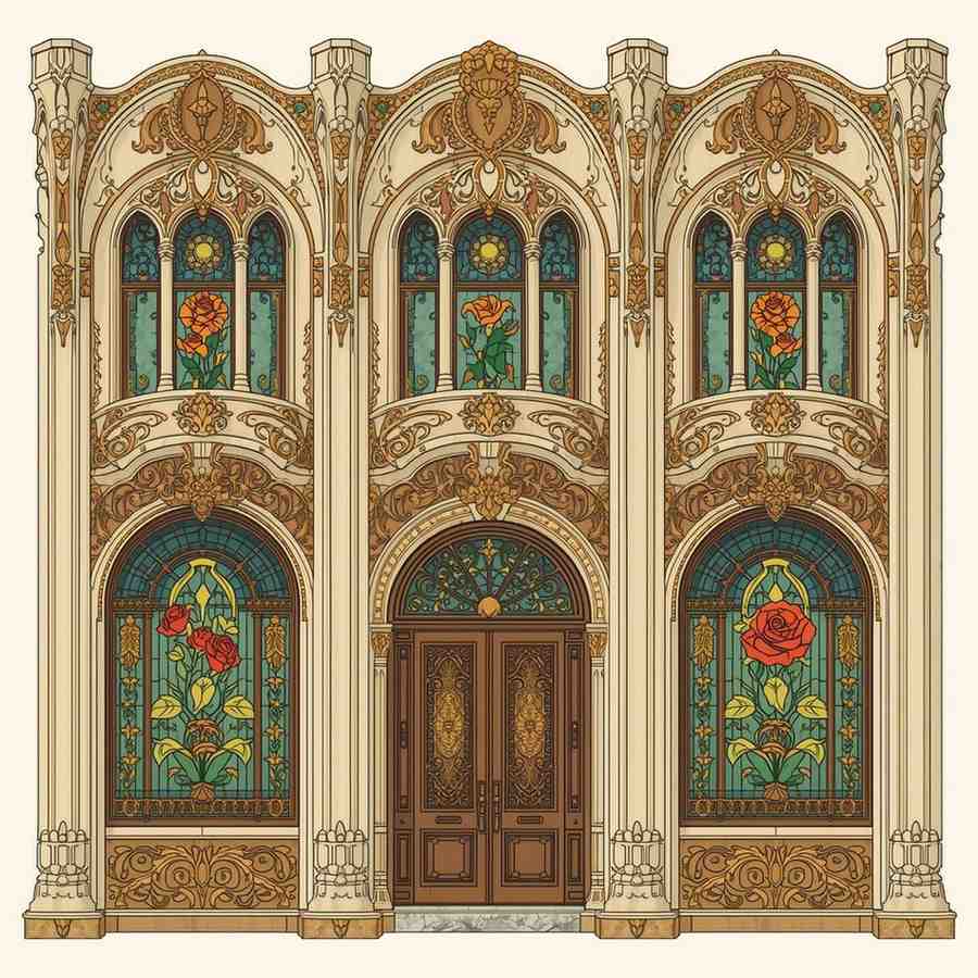 Art Nouveau façade with flowing curves, floral ironwork and decorative stained glass.