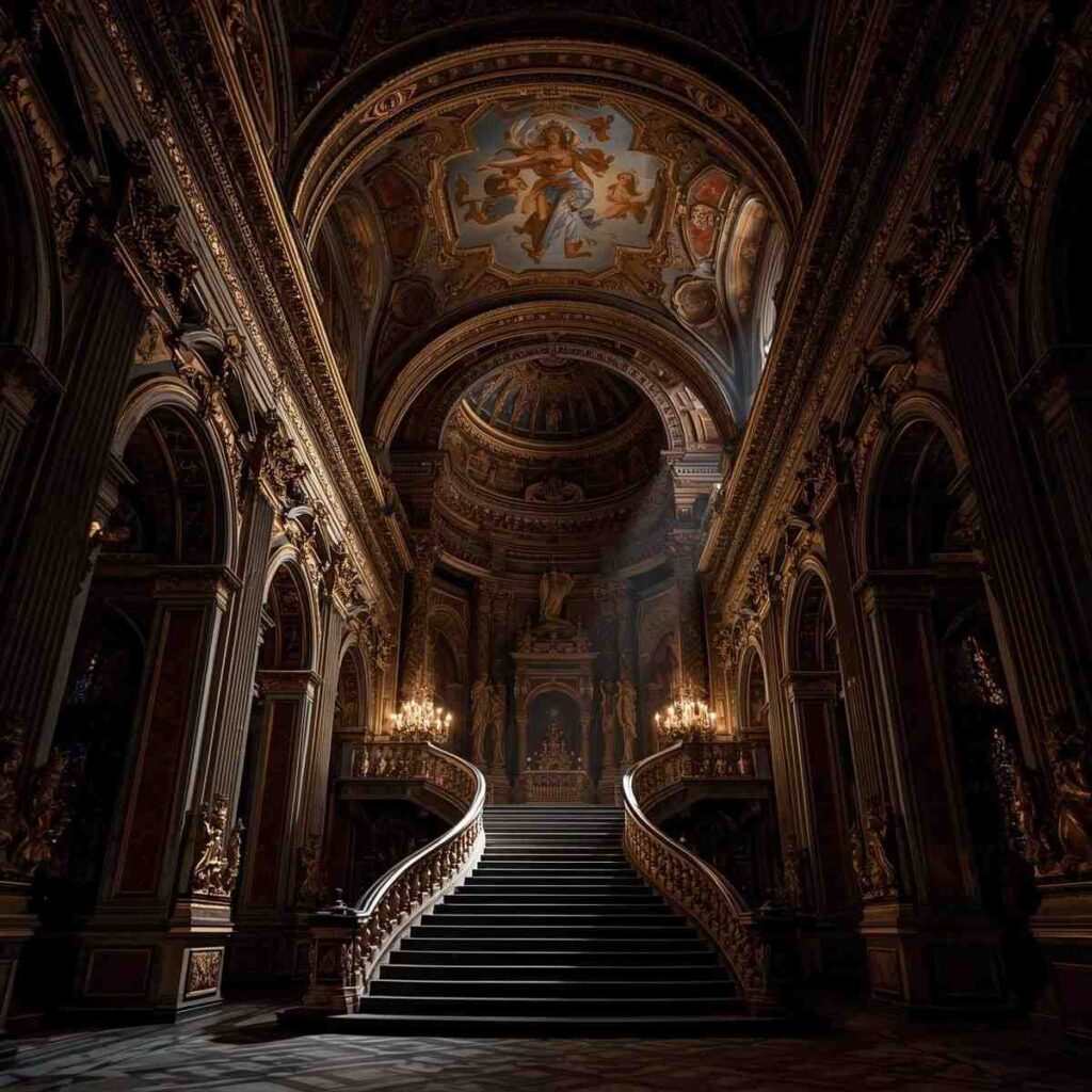 Baroque interior with dramatic curves, gold decorations and ornate ceiling artwork.