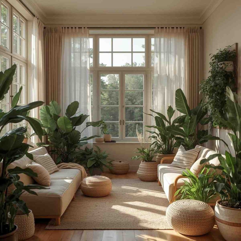 Biophilic European living room 2025 with indoor plants, large windows, linen curtains, and soft natural light promoting wellness-inspired interiors.