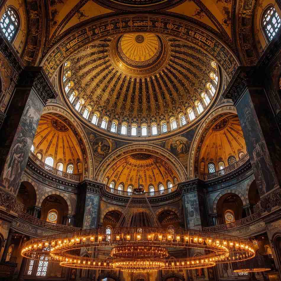 Byzantine structure with a large central dome and gold mosaic interior details