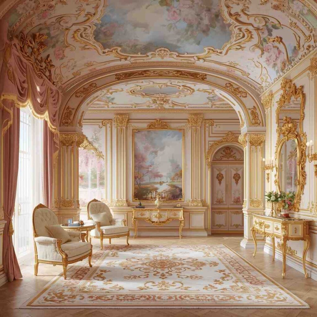 Rococo-style room with pastel colors, floral motifs and delicate ornamental details.