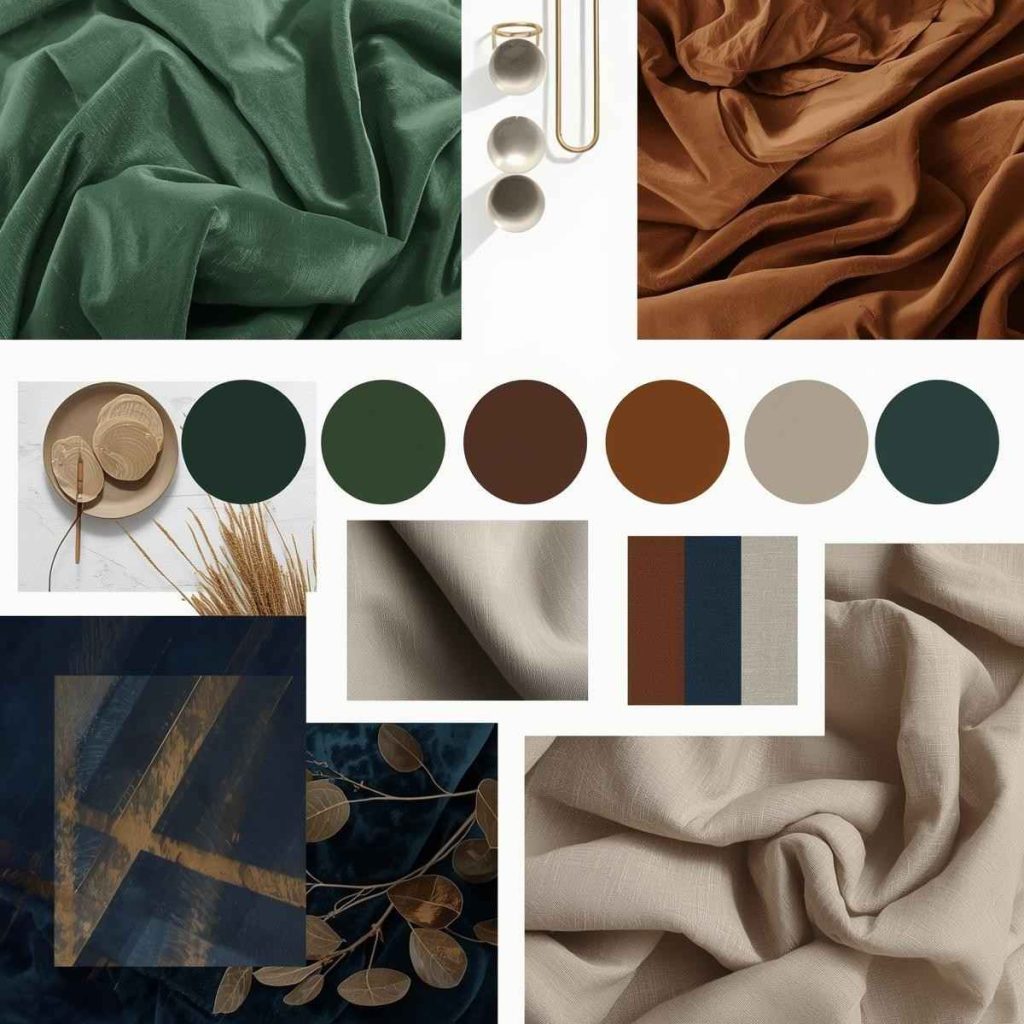 European interior design 2025 colour and material palette moodboard featuring emerald, terracotta, navy, taupe, brass, walnut wood, and velvet textures.