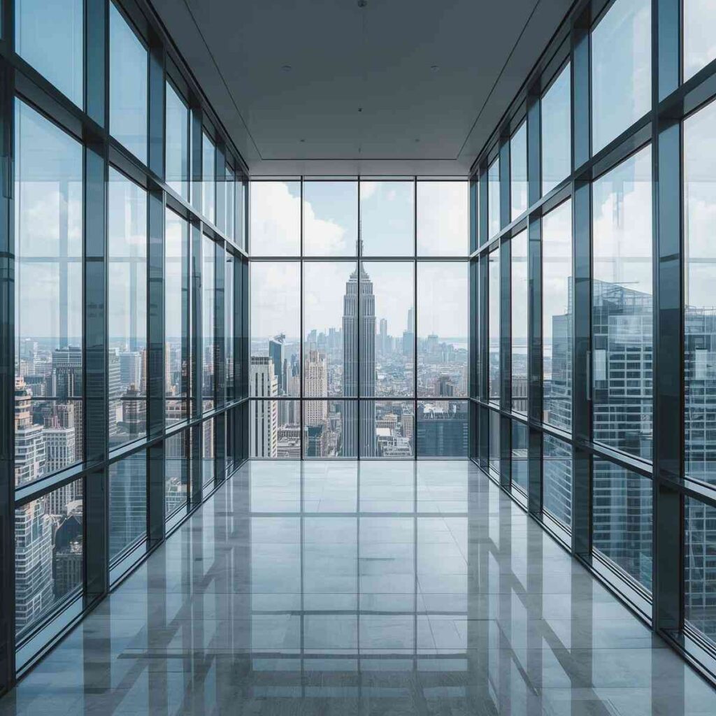 International Style skyscraper with steel structure and full-height glass curtain walls.