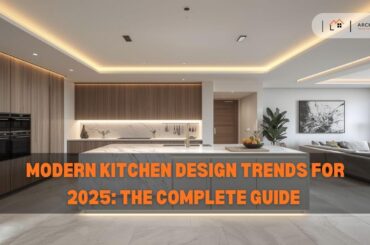 Modern minimalist kitchen with quartz island and warm lighting