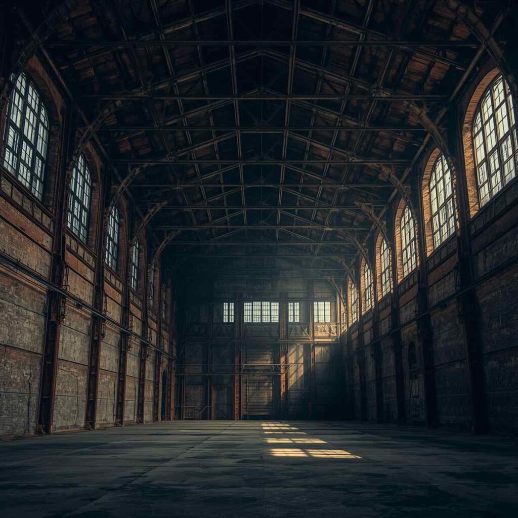 Industrial warehouse space featuring exposed steel beams, brick walls and large windows.