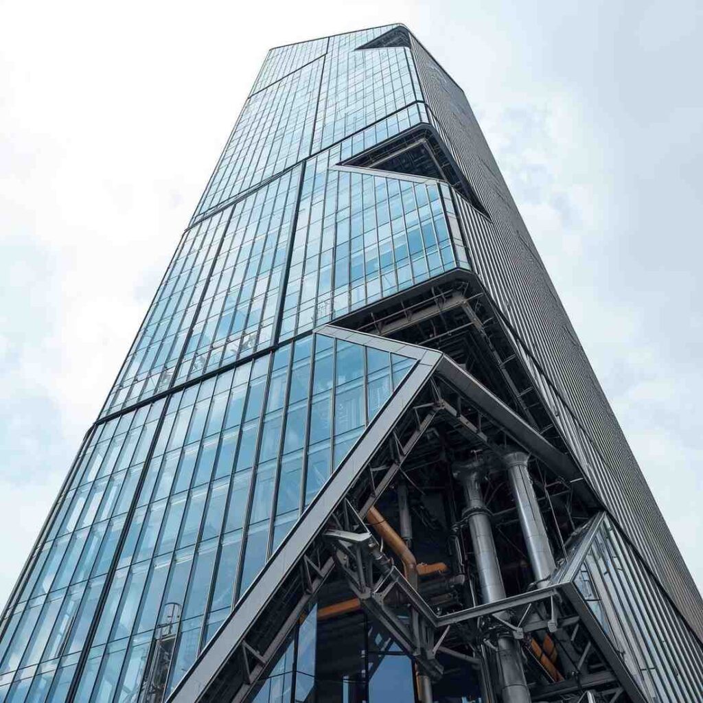 High-tech building with exposed structural frames and futuristic glass elements.