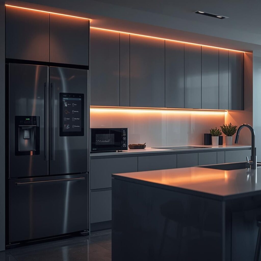 Smart kitchen featuring touch-screen appliances and sensor lighting