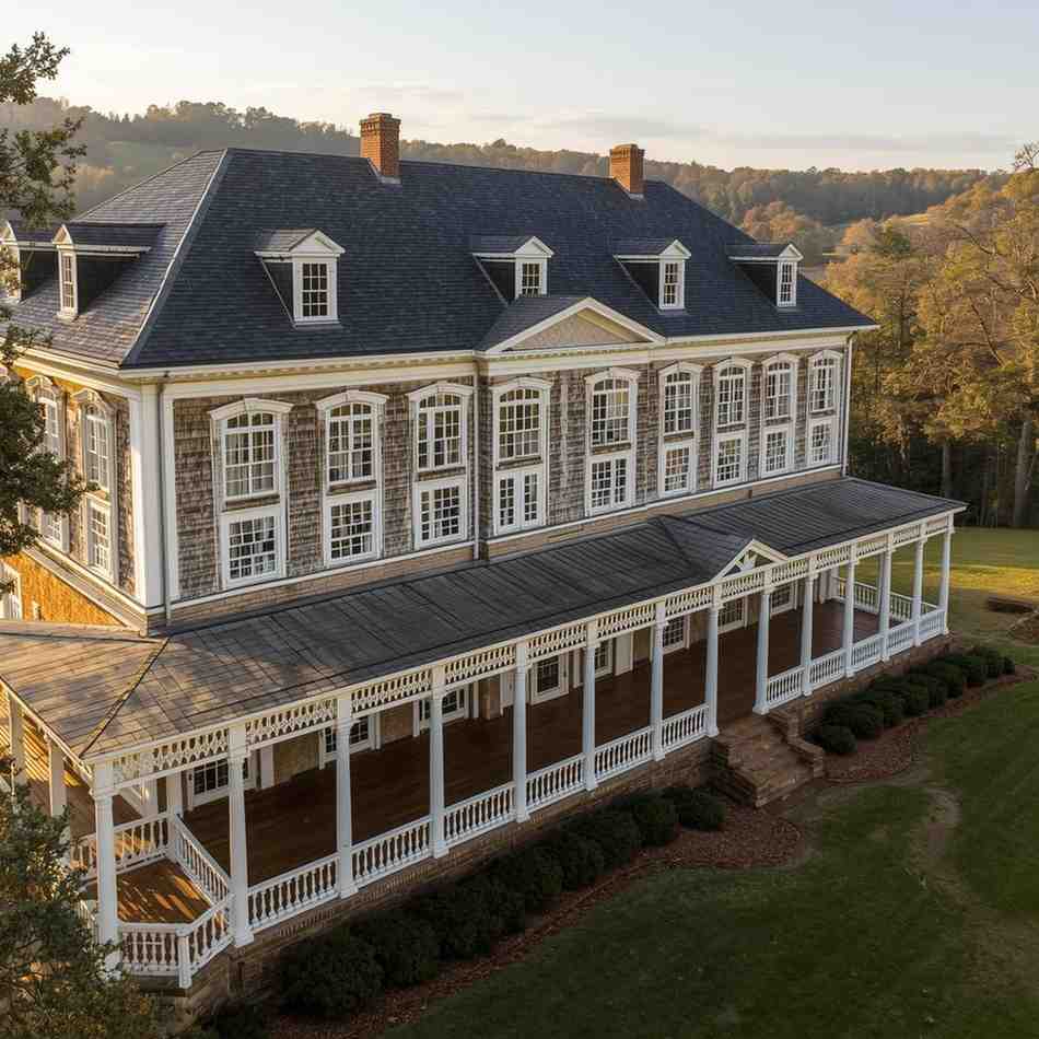 Colonial-style building with symmetrical façade, verandas and tall windows.