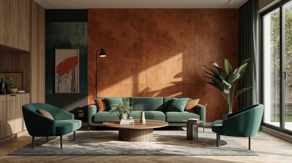 European Interior Design Trends 2025: European home interior using bold jewel tones — emerald green sofa, sapphire blue curtains, and terracotta accent wall — representing 2025 colour trends.