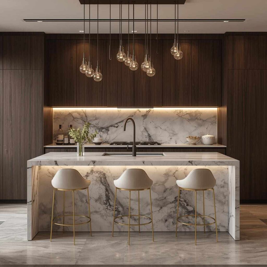Luxury kitchen island with marble countertop and pendant lights
