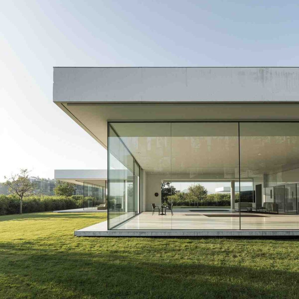 Minimal modern building with flat roofs, open spaces and a glass façade.