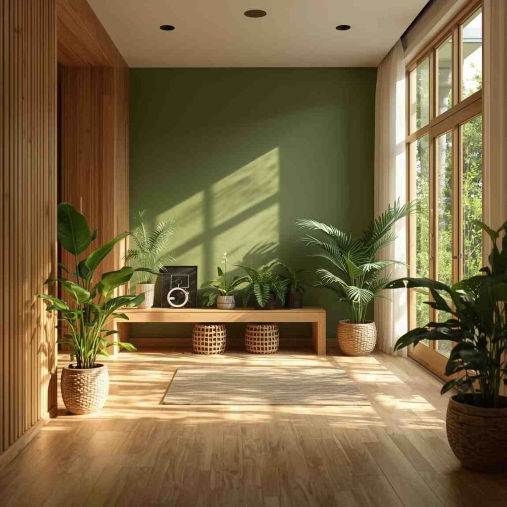 Modern biophilic interior with natural light, greenery and wooden finishes.