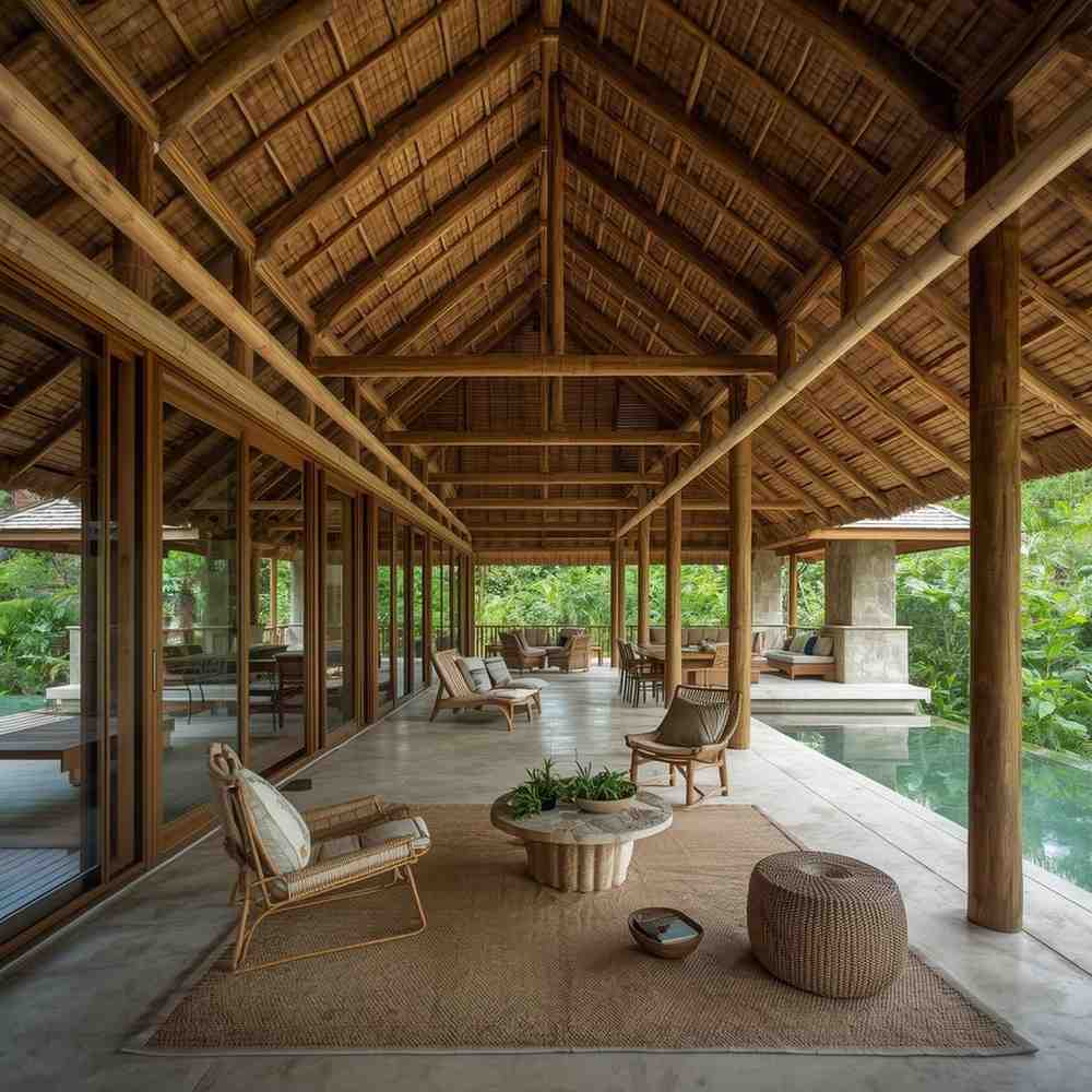 Open tropical home with natural materials, shaded verandas and lush greenery.