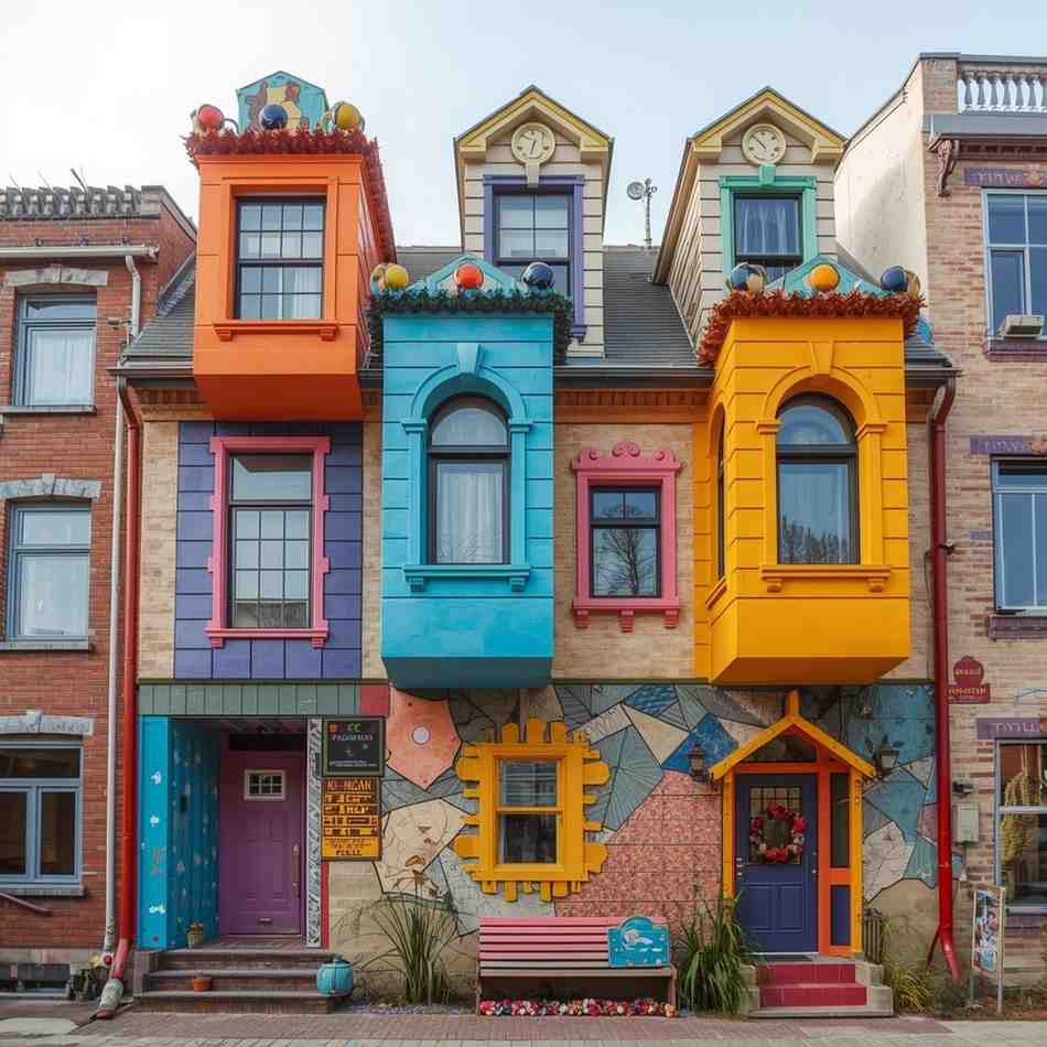 Postmodern building with playful shapes, colorful surfaces and mixed materials.