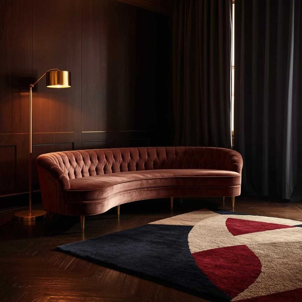 Retro-modern European interior with curved sofa, geometric rug, and brass floor lamp reflecting nostalgic revival design trend 2025.