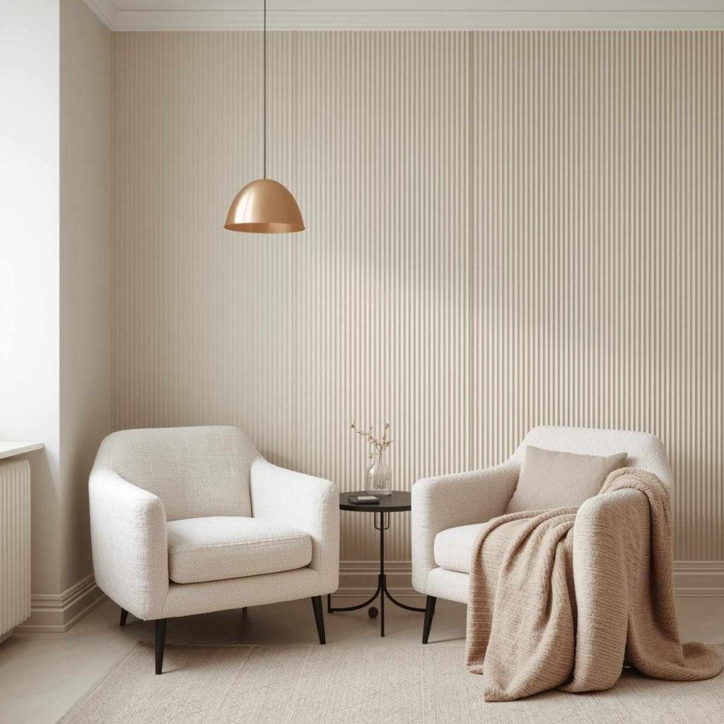Scandinavian-inspired European apartment featuring boucle chairs, ribbed plaster wall, and layered textiles for a tactile 2025 interior design look.